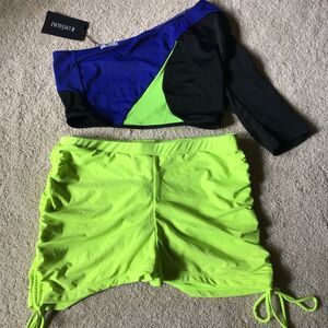 NWT Icon Swim 80s style Retro Neon Green and Blue Two-Piece Set